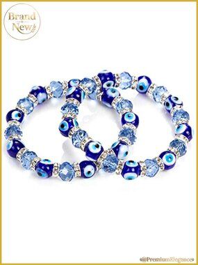 2-Pack Evil Eye Charm Beaded Bracelets Alloy Glass Gold Beads Unisex